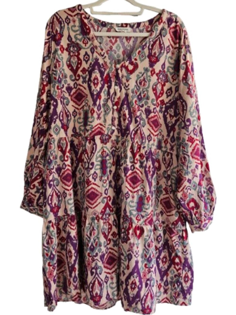 Beach Lunch Lounge Boho Ikat Tiered Tunic Dress Sz XL